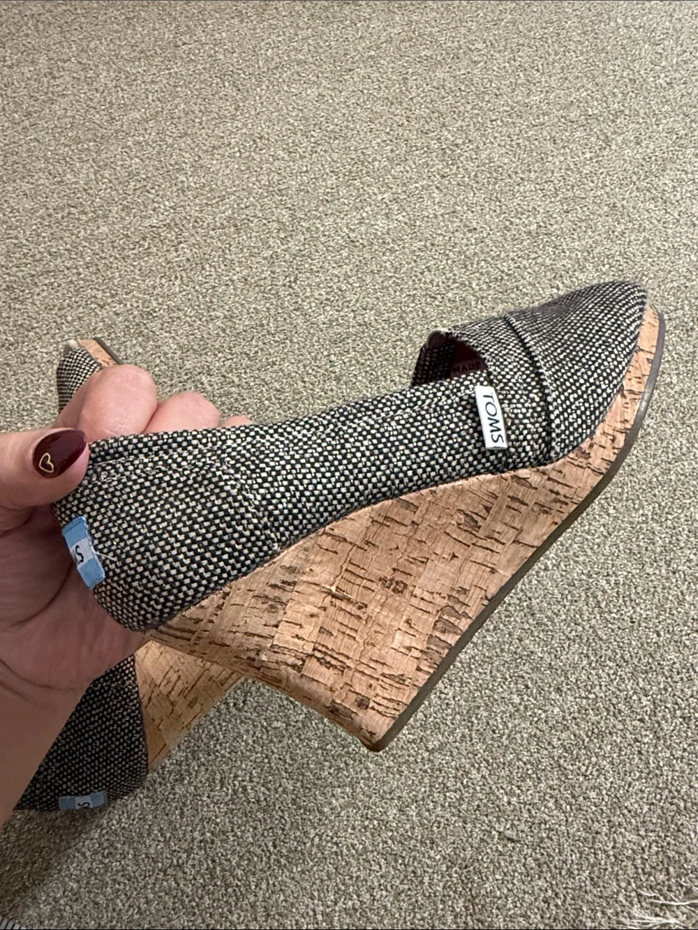 TOMS Stella cork wedge heel size 5 brown gold herringbone tweed peep toe